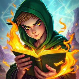 a young cyclops mage, wearing a green hood, bald, clean-shaven, teenage appearance with a single yellow eye, holding a burning spellbook in a fantastical setting