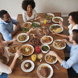 A group of friends gathered around a table, enjoying a delicious, vibrant feast with laughter and good conversation.