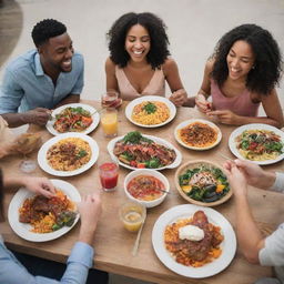 A group of friends gathered around a table, enjoying a delicious, vibrant feast with laughter and good conversation.