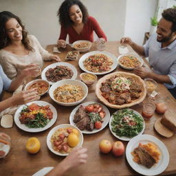 A group of friends gathered around a table, enjoying a delicious, vibrant feast with laughter and good conversation.