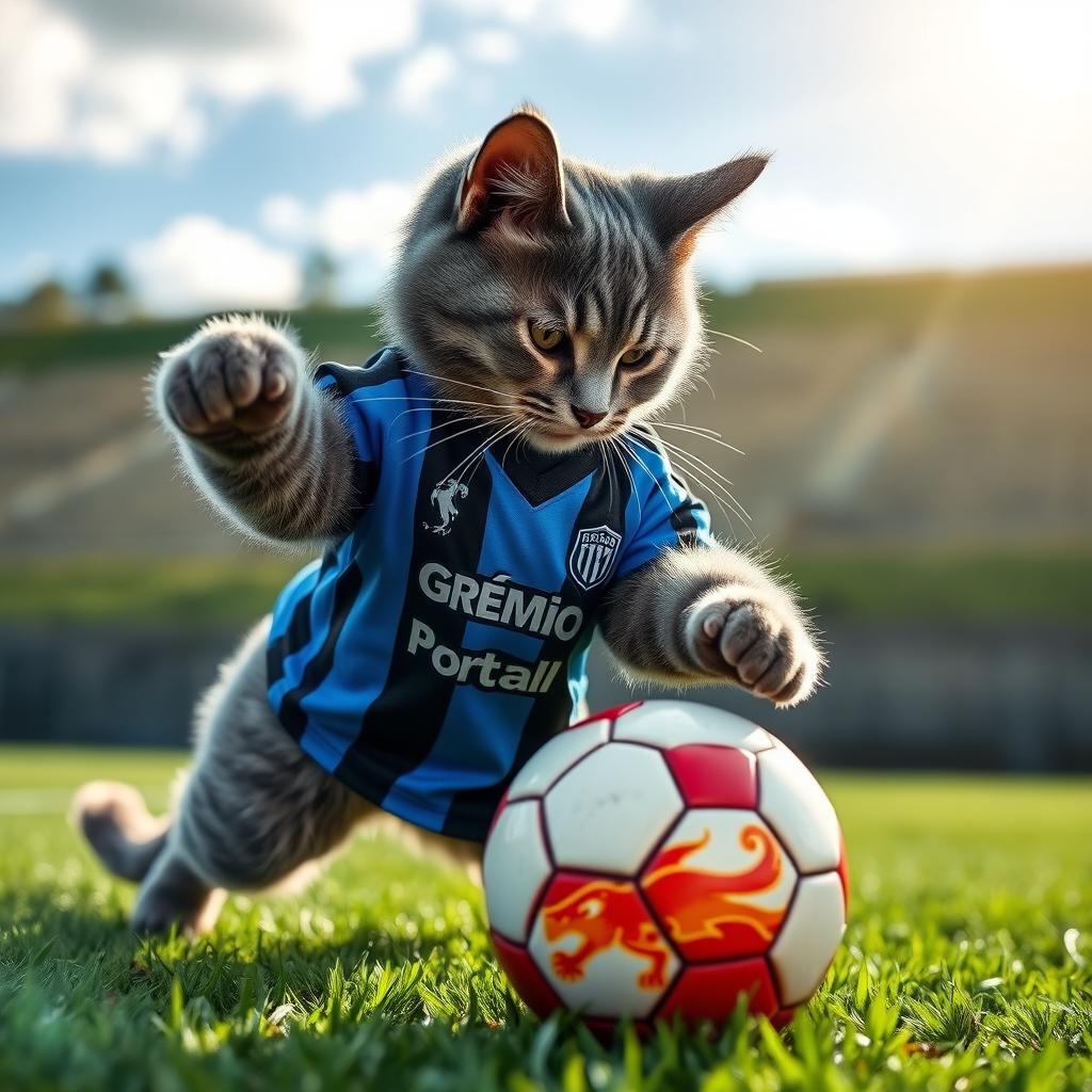 A playful grey cat energetically playing soccer, wearing a Grêmio Football Portoalegrense jersey in vibrant blue, black, and white stripes