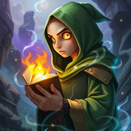 a cyclops mage who is 20 years old, wearing a green hood, bald, with a single yellow eye