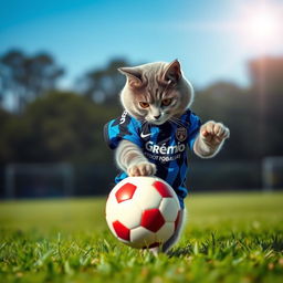 A playful grey cat energetically playing soccer, wearing a Grêmio Football Portoalegrense jersey in vibrant blue, black, and white stripes