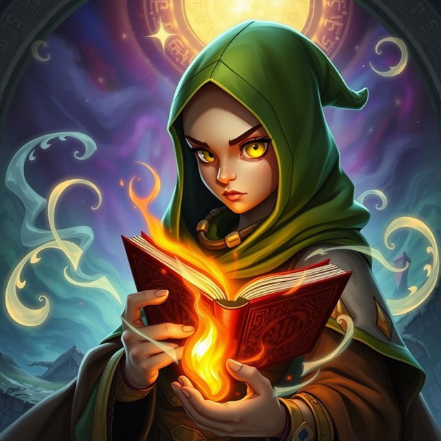 a cyclops mage who is 20 years old, wearing a green hood, bald, with a single yellow eye