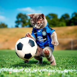 A playful grey cat energetically playing soccer, wearing a Grêmio Football Portoalegrense jersey in vibrant blue, black, and white stripes