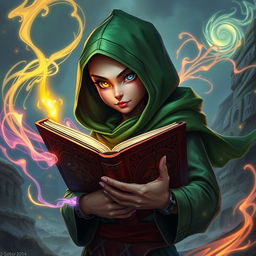 a cyclops mage who is 20 years old, wearing a green hood, bald, with a single yellow eye