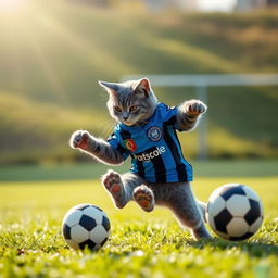 A playful grey cat energetically playing soccer, wearing a Grêmio Football Portoalegrense jersey in vibrant blue, black, and white stripes