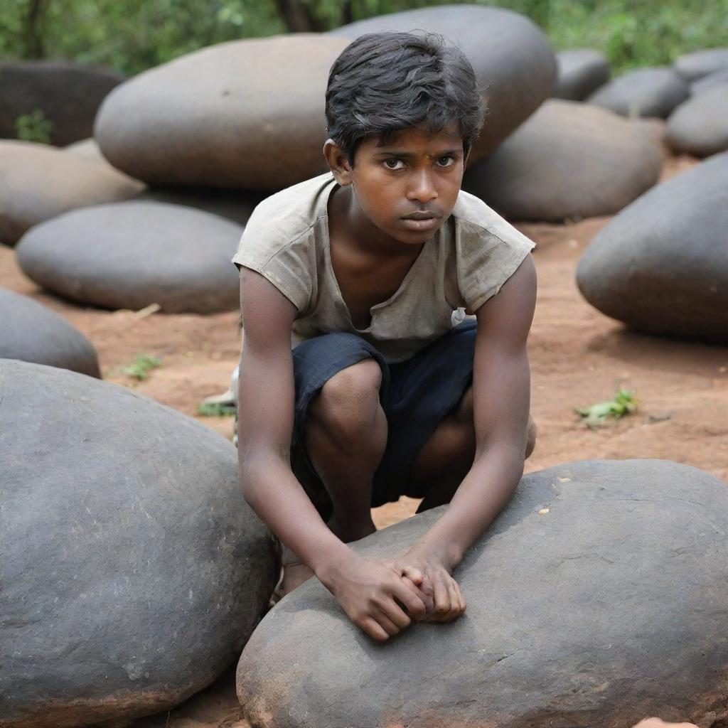 Recreate the powerful scene where the Tamil boy is struggling alone to move the massive stone but is unable to shift it, reflecting the struggle of tackling issues of disunity individually.