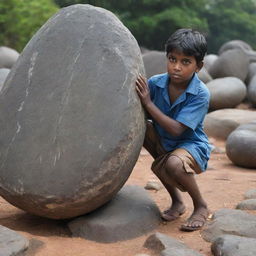 Recreate the powerful scene where the Tamil boy is struggling alone to move the massive stone but is unable to shift it, reflecting the struggle of tackling issues of disunity individually.