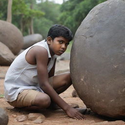 Recreate the powerful scene where the Tamil boy is struggling alone to move the massive stone but is unable to shift it, reflecting the struggle of tackling issues of disunity individually.