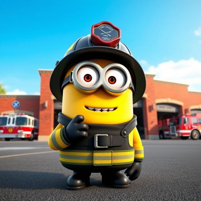 A vibrant digital artwork featuring an iconic character of a minion dressed as a firefighter