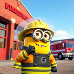 A vibrant digital artwork featuring an iconic character of a minion dressed as a firefighter