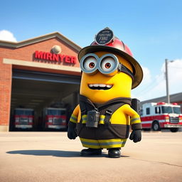 A vibrant digital artwork featuring an iconic character of a minion dressed as a firefighter