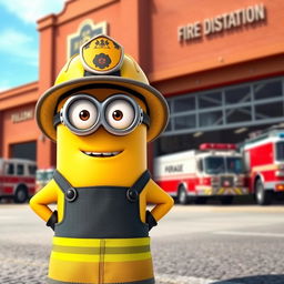 A vibrant digital artwork featuring an iconic character of a minion dressed as a firefighter