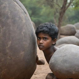 Recreate the powerful scene where the Tamil boy is struggling alone to move the massive stone but is unable to shift it, reflecting the struggle of tackling issues of disunity individually.