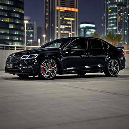 A realistic image of a black Skoda Octavia vRS 2021 with sleek and shiny Japan Racing SL01 wheels