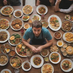 A man sitting at a large table, filled to the brim with all sorts of delicious food in different dishes, enjoying the feast.