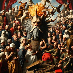 A fantastical scene seamlessly blending elements from the works of Lucas Cranach, Titian, Frans Snyders, and Pieter Claesz, depicting a vibrant procession celebrating a General Army