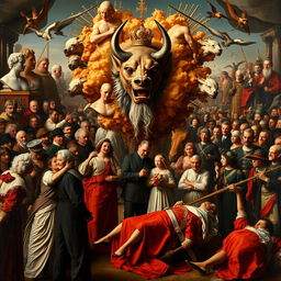 A fantastical scene seamlessly blending elements from the works of Lucas Cranach, Titian, Frans Snyders, and Pieter Claesz, depicting a vibrant procession celebrating a General Army