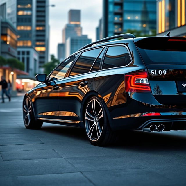 A realistic image of a black Skoda Octavia vRS 2021 station wagon featuring sleek Japan Racing SL01 wheels