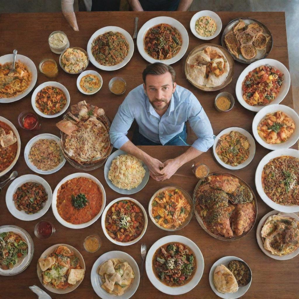 A man sitting at a large table, filled to the brim with all sorts of delicious food in different dishes, enjoying the feast.