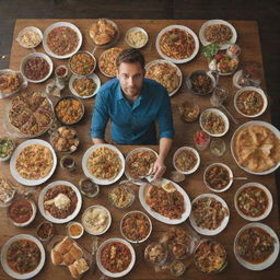 A man sitting at a large table, filled to the brim with all sorts of delicious food in different dishes, enjoying the feast.