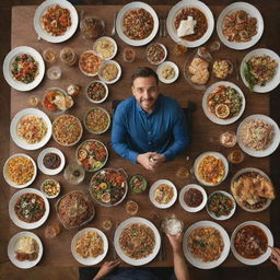 A man sitting at a large table, filled to the brim with all sorts of delicious food in different dishes, enjoying the feast.