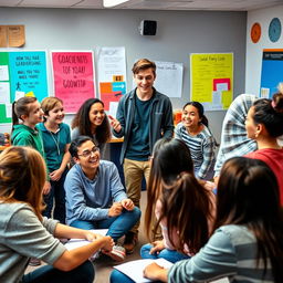 A dynamic and engaging scene depicting a coaching workshop for teenagers