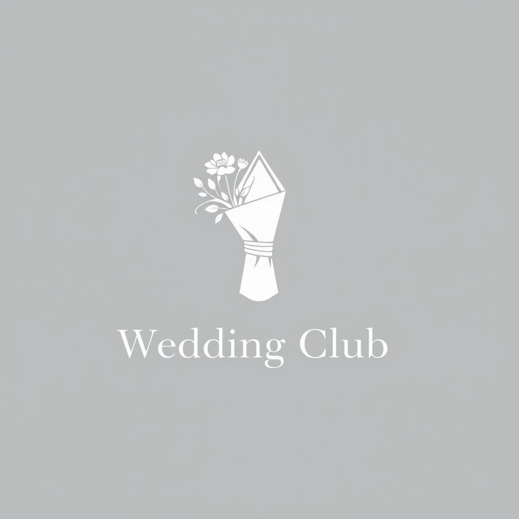 A minimalist wedding club logo featuring a folded cloth napkin artfully holding a bouquet of flowers, all depicted in a monochromatic gray color palette