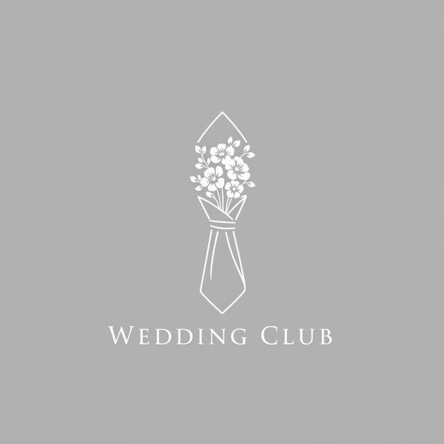 A minimalist wedding club logo featuring a folded cloth napkin artfully holding a bouquet of flowers, all depicted in a monochromatic gray color palette