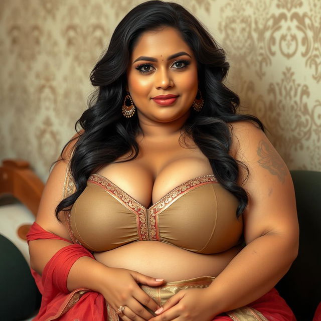 A Pakistani woman with a curvy, voluptuous figure, emphasizing her full bust and soft, realistic features