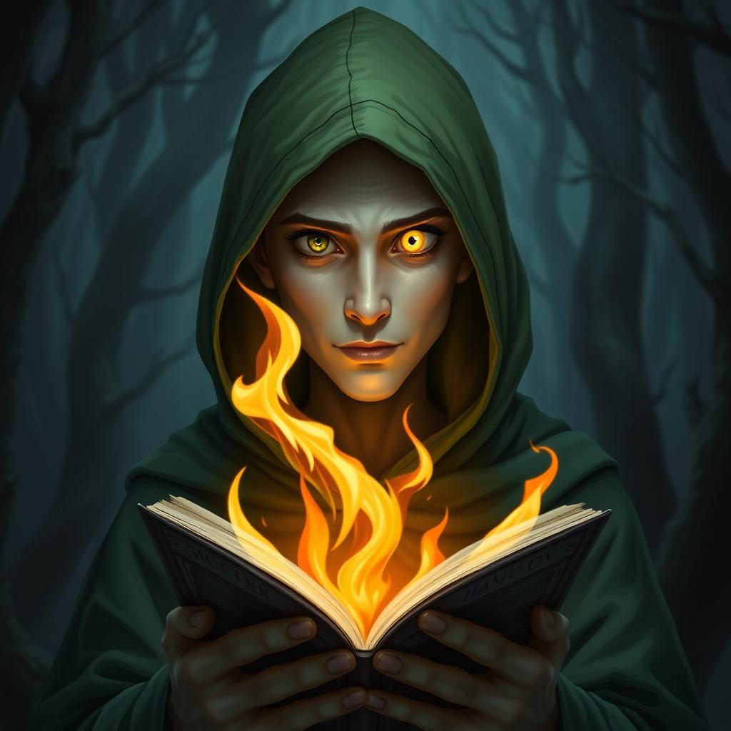 cyclops young adult male mage with a single large glowing yellow eye, wearing a green hooded robe