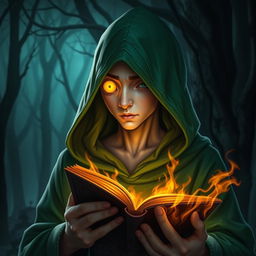 cyclops young adult male mage with a single large glowing yellow eye, wearing a green hooded robe