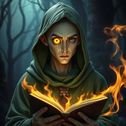 cyclops young adult male mage with a single large glowing yellow eye, wearing a green hooded robe