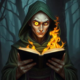 cyclops young adult male mage with a single large glowing yellow eye, wearing a green hooded robe