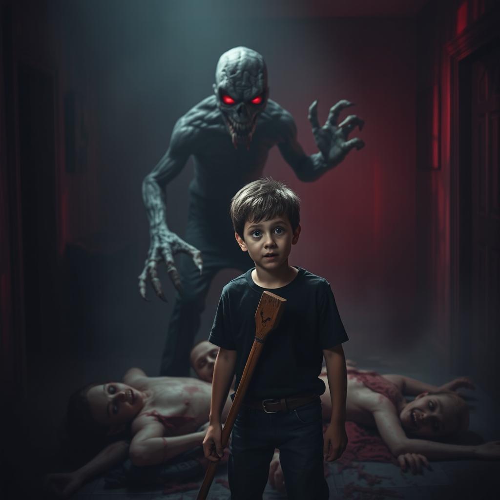 A chilling scene depicting a gruesome ghoul lurking in a dark, shadowy room, its eyes glinting with malevolence as it stands over the tragic aftermath of a family tragedy