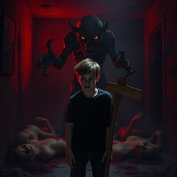 A chilling scene depicting a gruesome ghoul lurking in a dark, shadowy room, its eyes glinting with malevolence as it stands over the tragic aftermath of a family tragedy