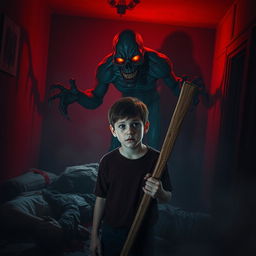 A chilling scene depicting a gruesome ghoul lurking in a dark, shadowy room, its eyes glinting with malevolence as it stands over the tragic aftermath of a family tragedy