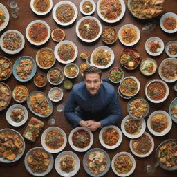 A man sitting at a table overloaded with an array of colorful, delectable dishes, joyously relishing the gastronomic feast before him.