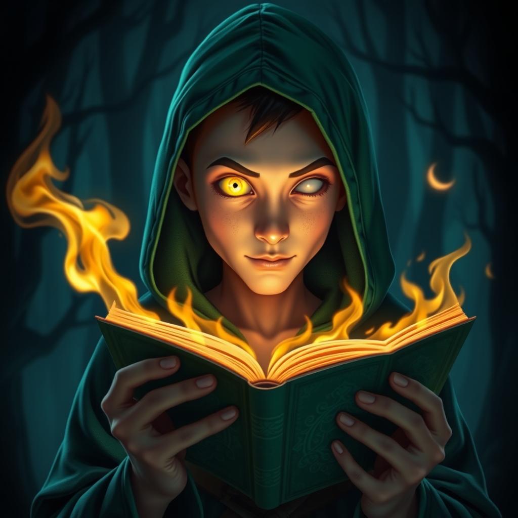 cyclops young adult male mage with a single large glowing yellow eye, wearing a green hooded robe