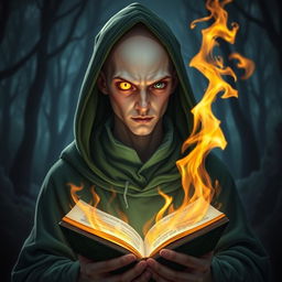 cyclops young adult male mage with a single large glowing yellow eye, wearing a green hooded robe