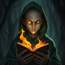 cyclops young adult male mage with a single large glowing yellow eye, wearing a green hooded robe