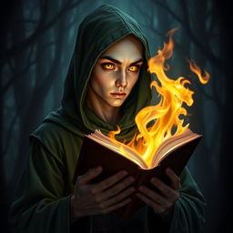 cyclops young adult male mage with a single large glowing yellow eye, wearing a green hooded robe