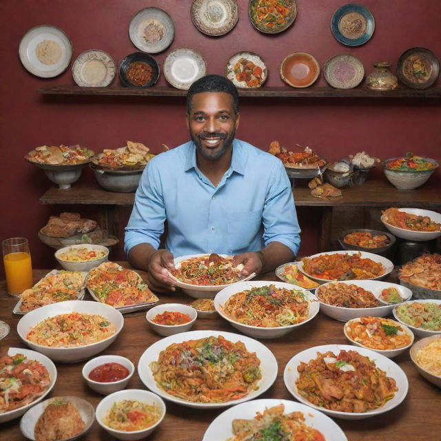 A man sitting at a table overloaded with an array of colorful, delectable dishes, joyously relishing the gastronomic feast before him.