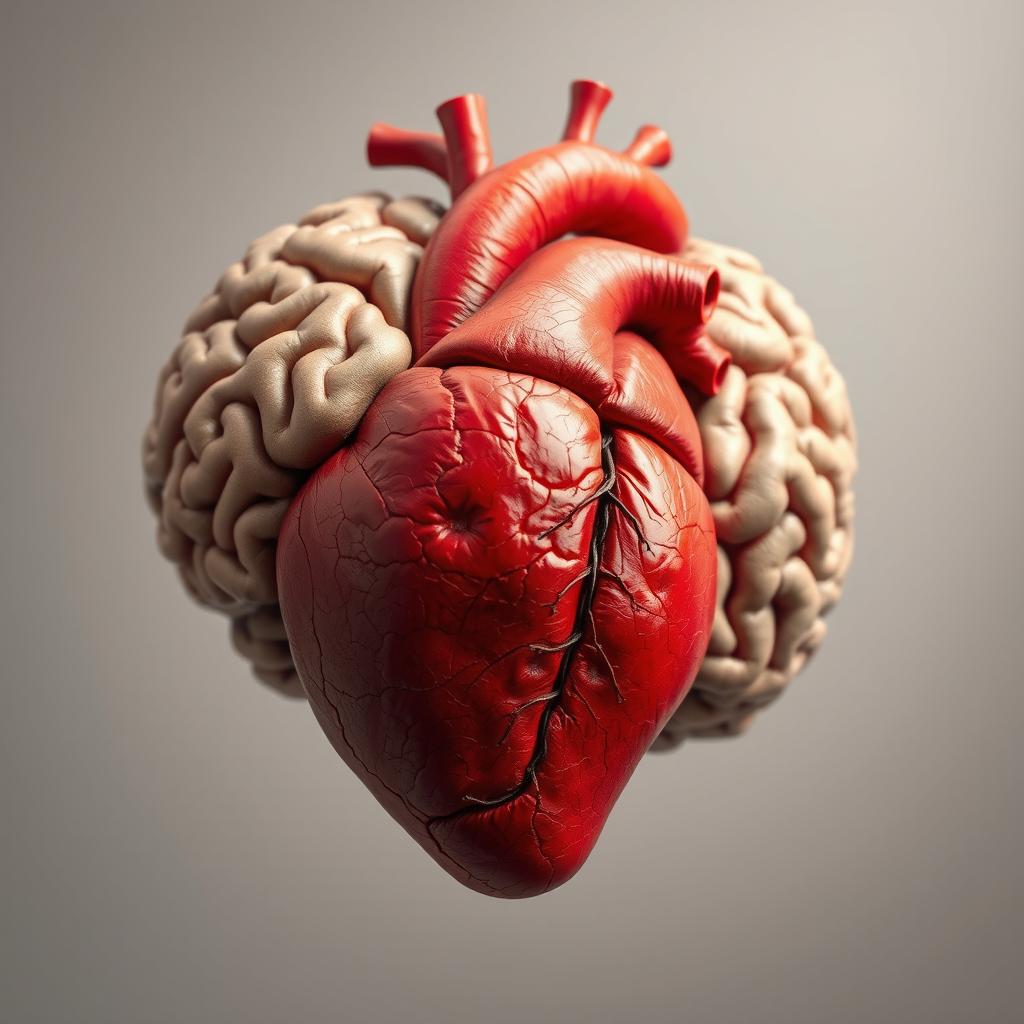 A realistic depiction of a heart and a brain intricately intertwined, showcasing the unity of emotion and intellect