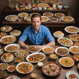 A man sitting at a table overloaded with an array of colorful, delectable dishes, joyously relishing the gastronomic feast before him.