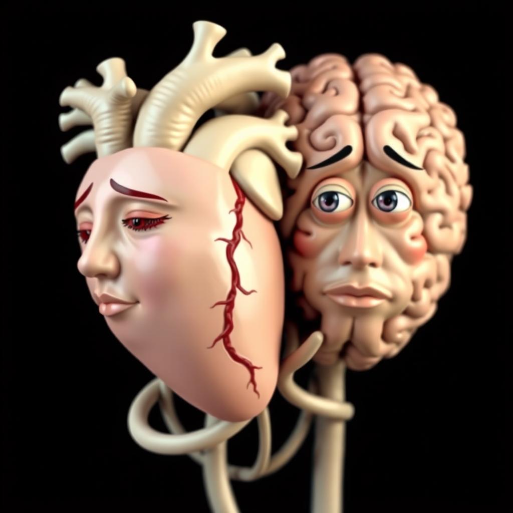 A humanized depiction of a heart and a brain intricately intertwined, with elements reflecting human emotions and thoughts