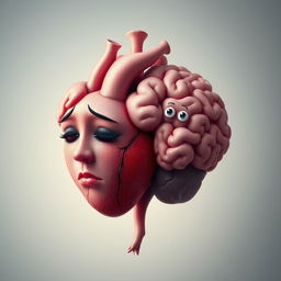 A humanized depiction of a heart and a brain intricately intertwined, with elements reflecting human emotions and thoughts