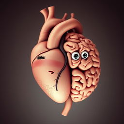 A humanized depiction of a heart and a brain intricately intertwined, with elements reflecting human emotions and thoughts