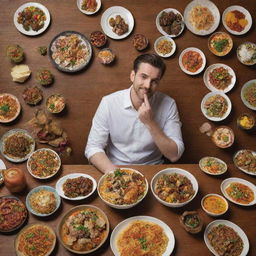 A man sitting at a table overloaded with an array of colorful, delectable dishes, joyously relishing the gastronomic feast before him.